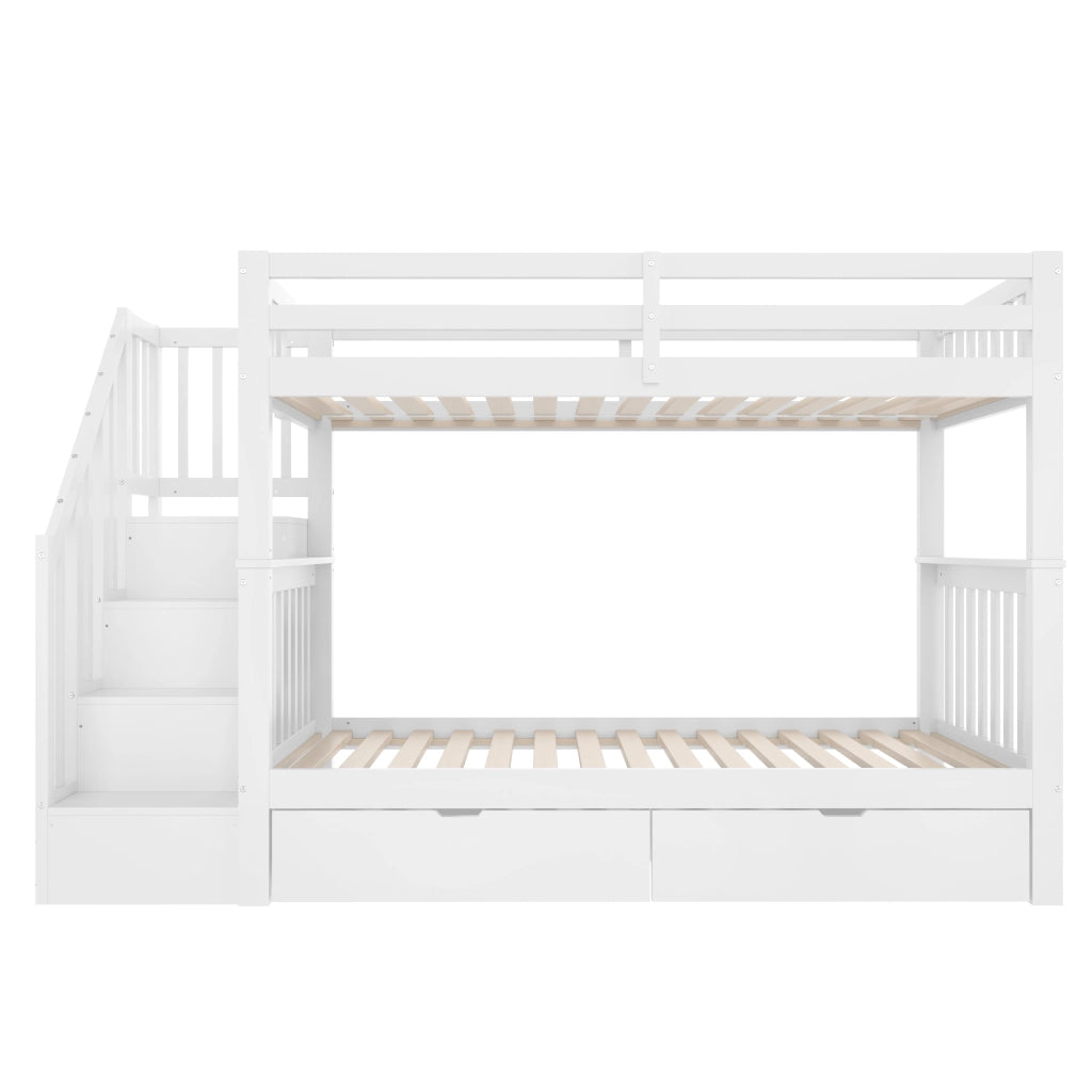 LETTO a castello con scala e 2 cassetti 90x200 cm in pino e MDF bianco