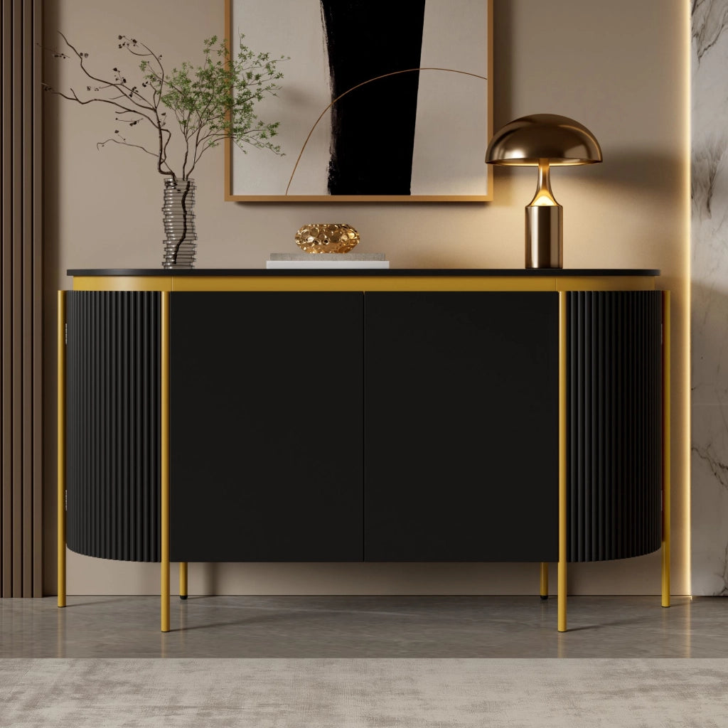 Credenza da 4 ante, mobile da ingresso, in MDF, con gambe in metallo, angoli arrotondati, colore nero