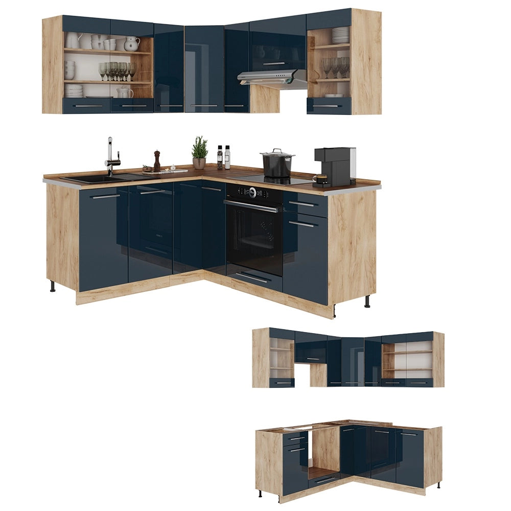 Cucina ad angolo Fame-Line Blu scuro lucido/Rovere dorato 190 x 160 cm, PL Marmo Vicco