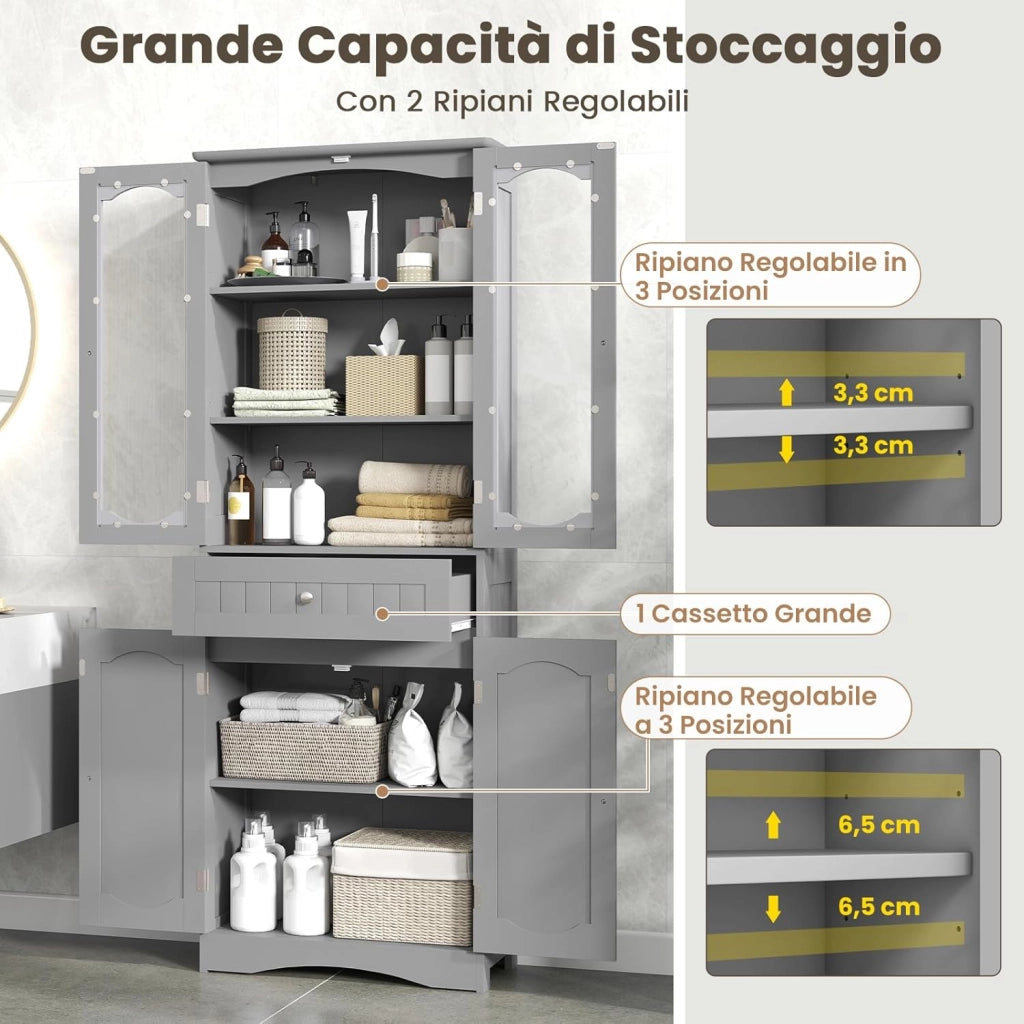 Armadietto Salvaspazio 60 x 30 x 160cm, Mobile Bagno con 2 Ripiani Regolabili, Cassetto e 2 Porte in Vetro Temprato, Armadio da Bagno per Ufficio, Soggiorno e Camera da Letto, Bianco (Grigio)