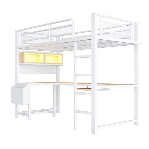 Letto a soppalco con scrivania 90x200 cm LEMONMAX, LED 7 colori, 2 prese e 2 USB, mensole, struttura in metallo, bianco