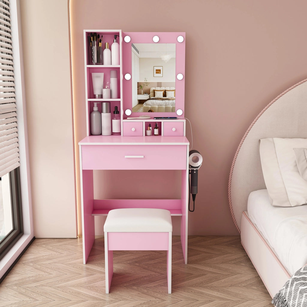Toeletta con specchio LED, presa, cassetti e sgabello imbottito rosa