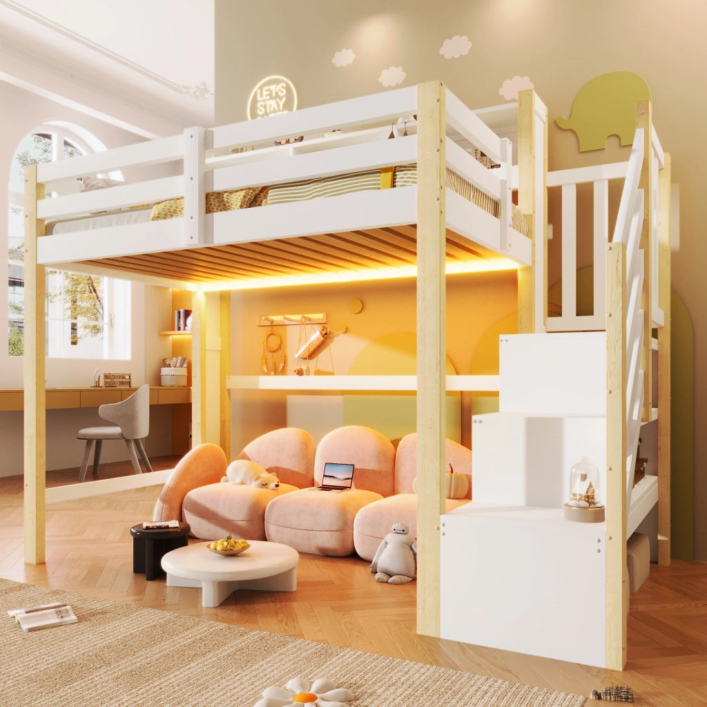 Letto a castello 90×200 cm; letto singolo con led; scala contenitore; senza materasso; in pino; bianco naturale