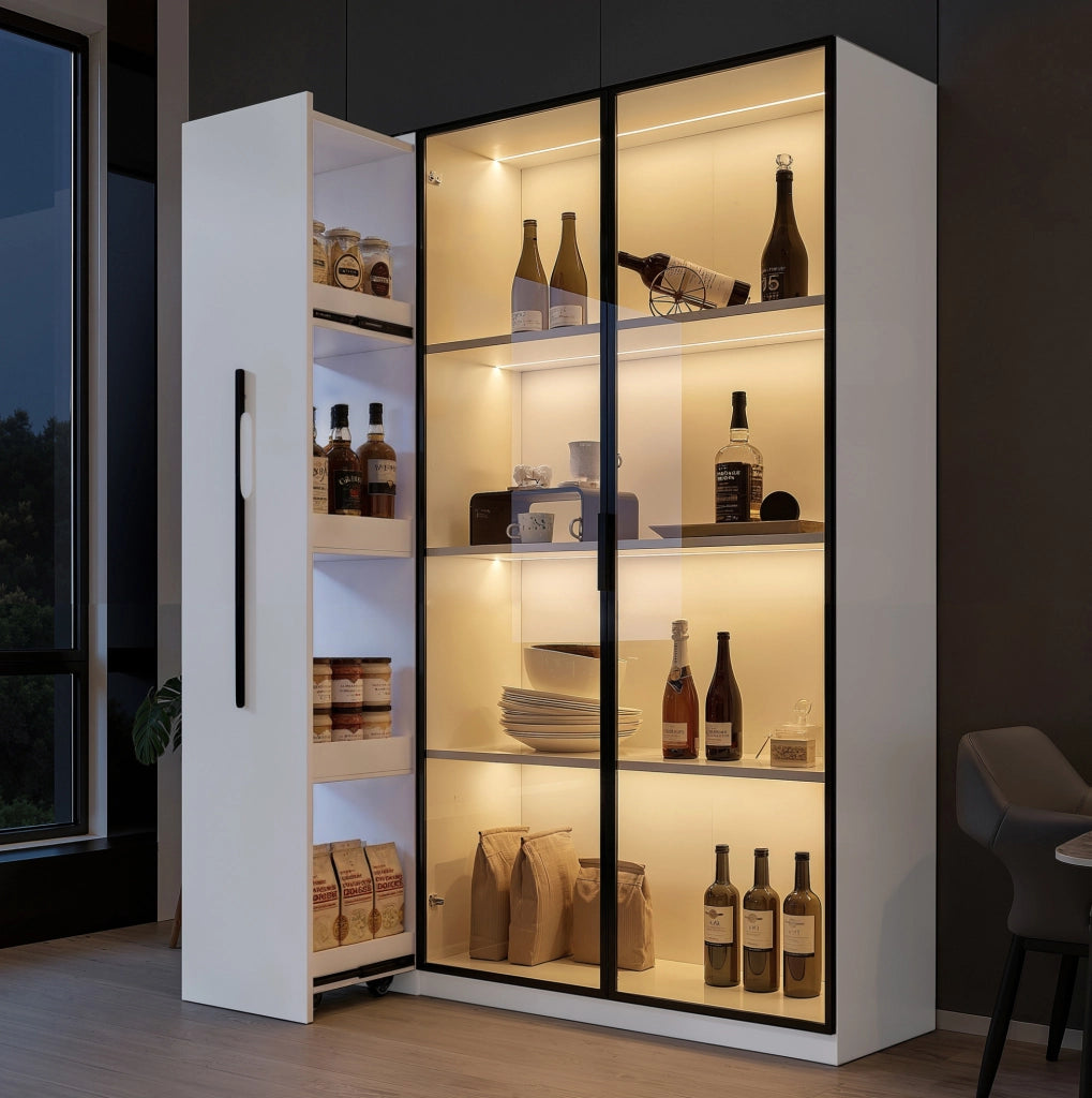 Vetrina 110.5x35x160 cm con LED integrato e vano laterale estraibile in MDF bianco