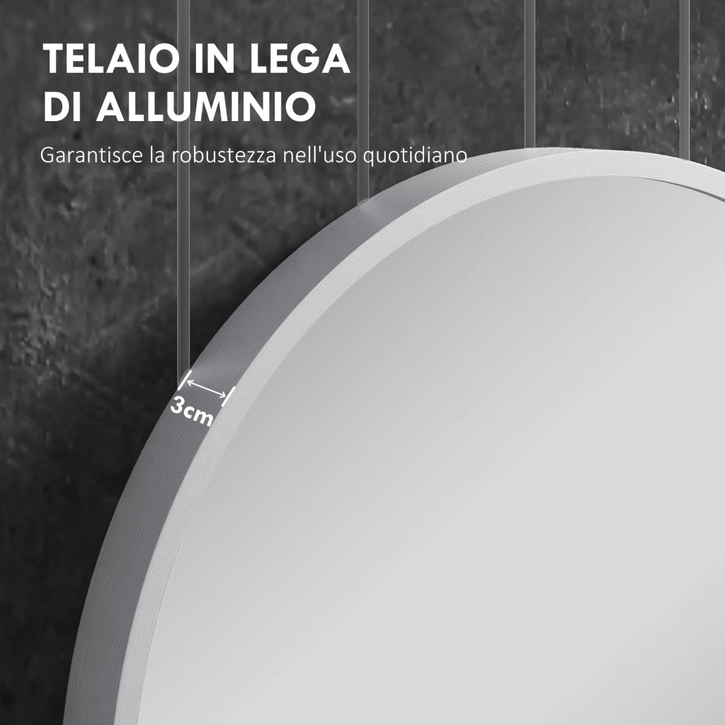 Specchio Bagno Ovale da Parete con Cornice in Alluminio, Verticale o Orizzontale, 60x90 cm, Argento