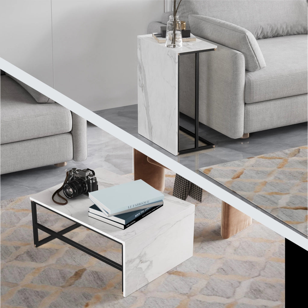 Tavolini da salotto set 2 pezzi 105x52x48,5 cm tavolino pieghevole sovrapponibile con contenitore effetto marmo metallo - nero
