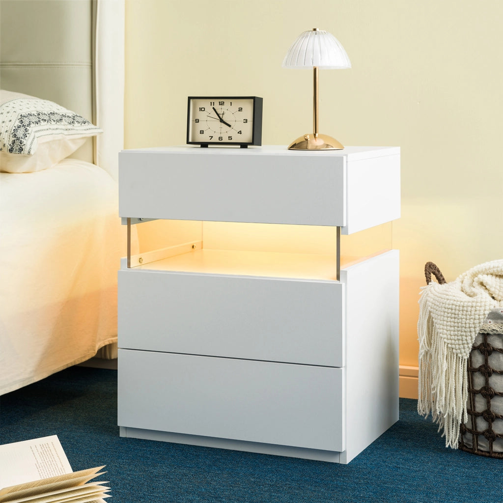 COMODINO con LED e 3 cassetti Bianco in pannello di legno