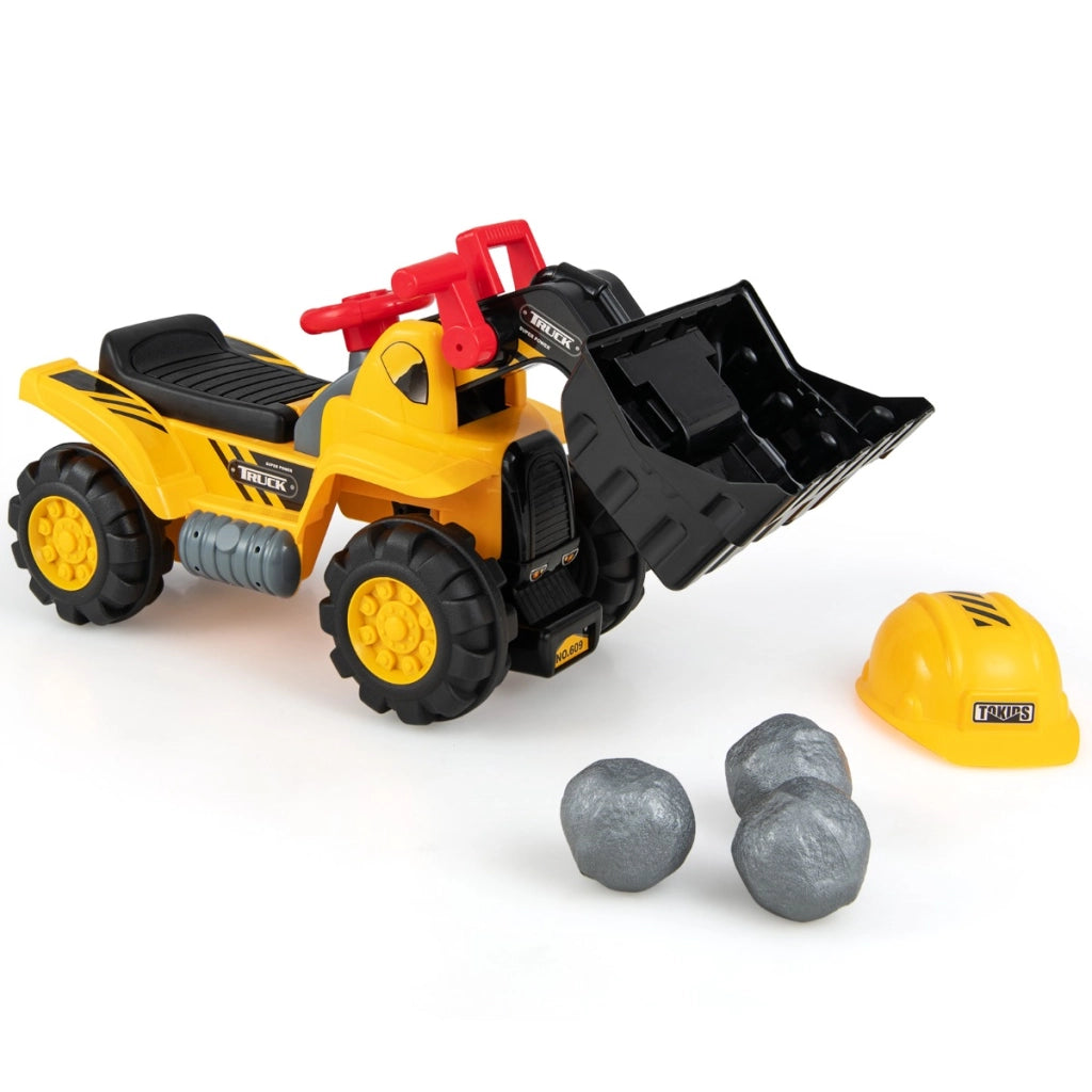 Macchina bulldozer a pedali per bambini, Camion giocattolo con secchio regolabile clacson casco e 3 pietre giocattolo