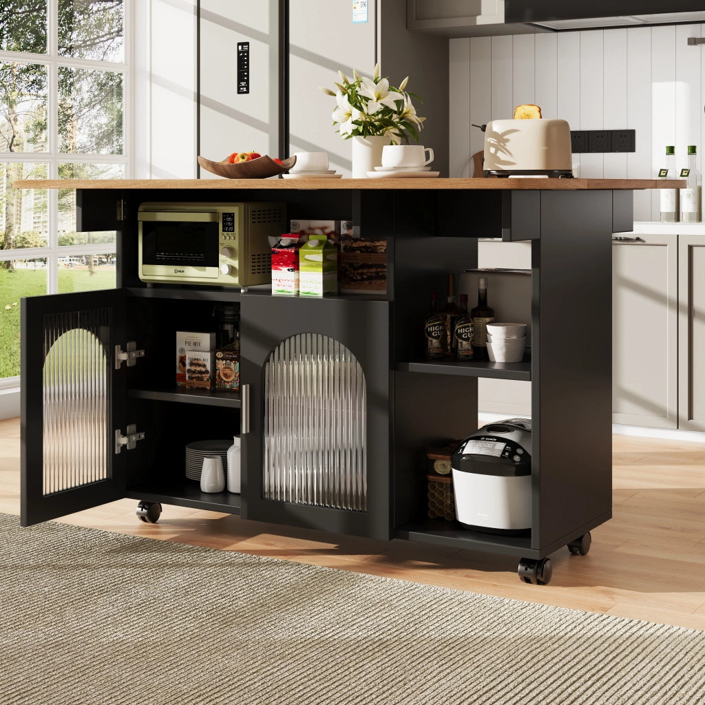 Carrello da Cucina con Piano Ribaltabile; 2 Vani Chiusi; Ripiani Aperti e Ruote; in MDF e Vetro; 120x30x79.5 cm; Nero e Naturale