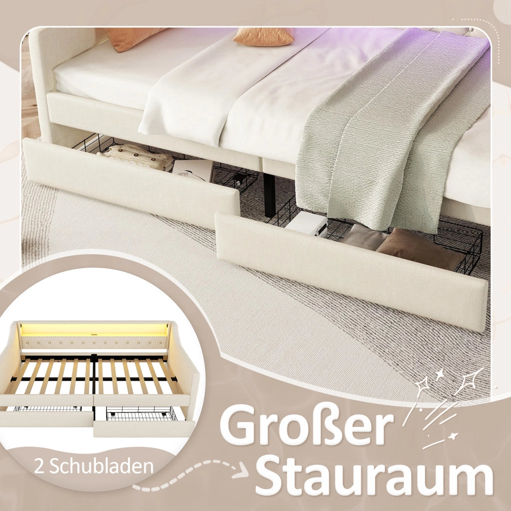Letto singolo 90×200 cm con LED; USB e 2 cassetti; rete inclusa; senza materasso; lino; beige