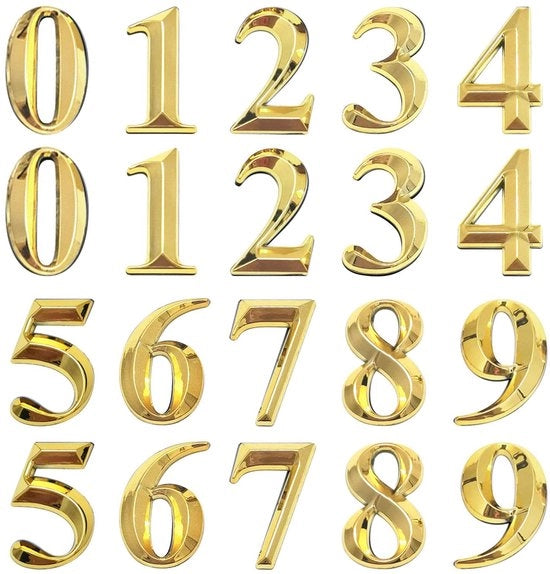Numeri di Casa 3D - 20 Pezzi - Autoadesivi - Oro - Duraturo - Resistente all'Umidità - Progetto di Lusso - Numeri di Casa