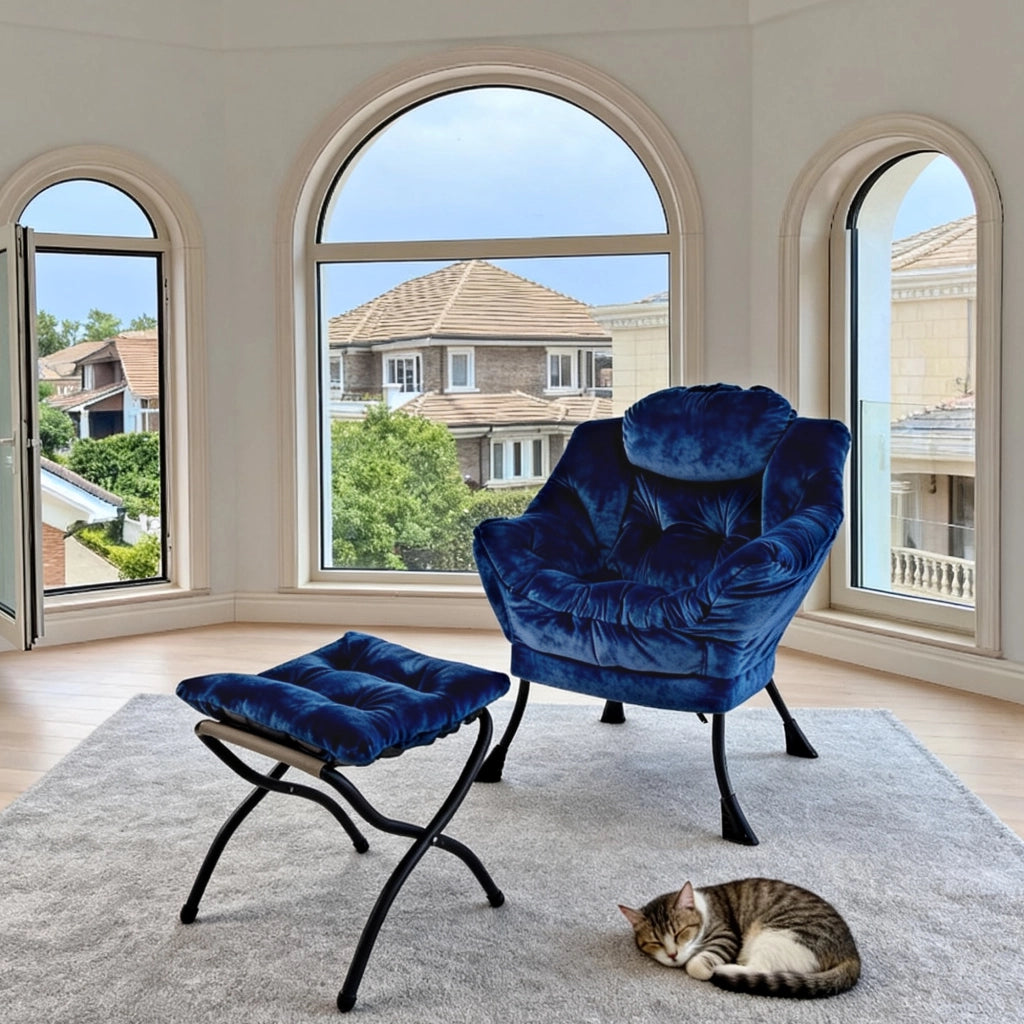 Poltrona relax con pouf, braccioli e tasca laterale in tessuto e metallo, per salotto e camera da letto, blu scuro