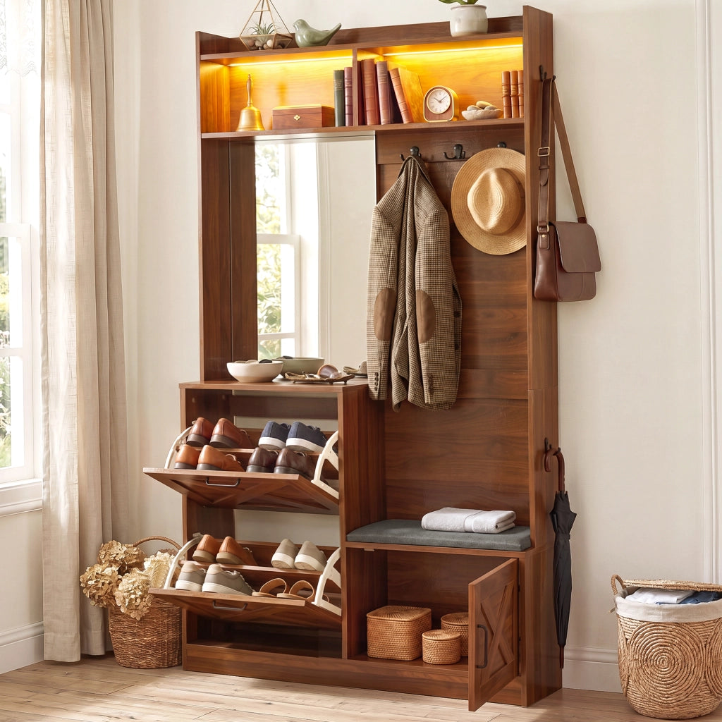 Mobili da ingresso con specchio; 2 vani ribaltabili per scarpe; LED regolabile via app; panca; noce; 100 × 25 × 180 cm