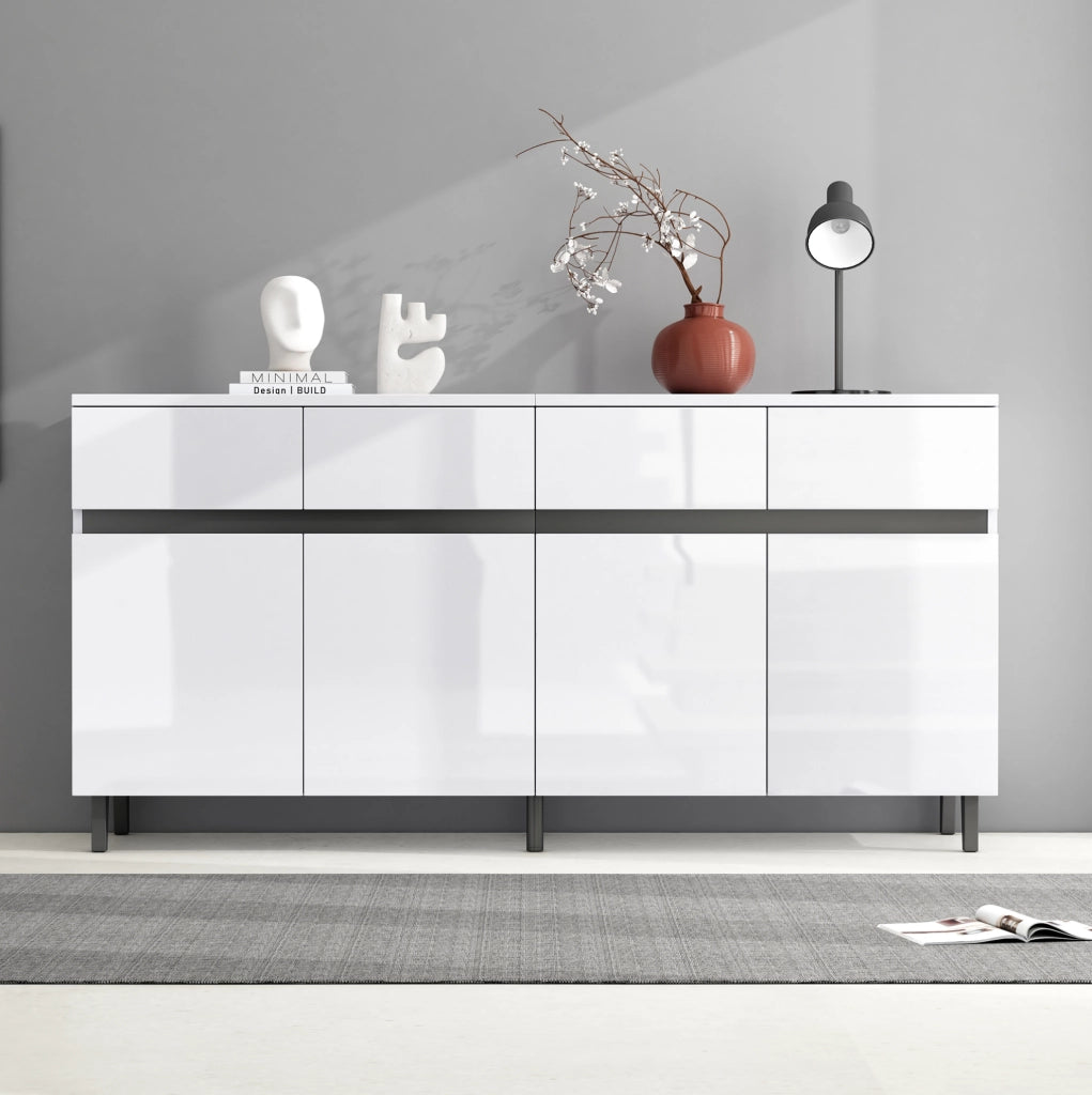 Credenza moderna bianca lucida 160x40x68 cm in truciolare; con 4 cassetti e ripiani regolabili