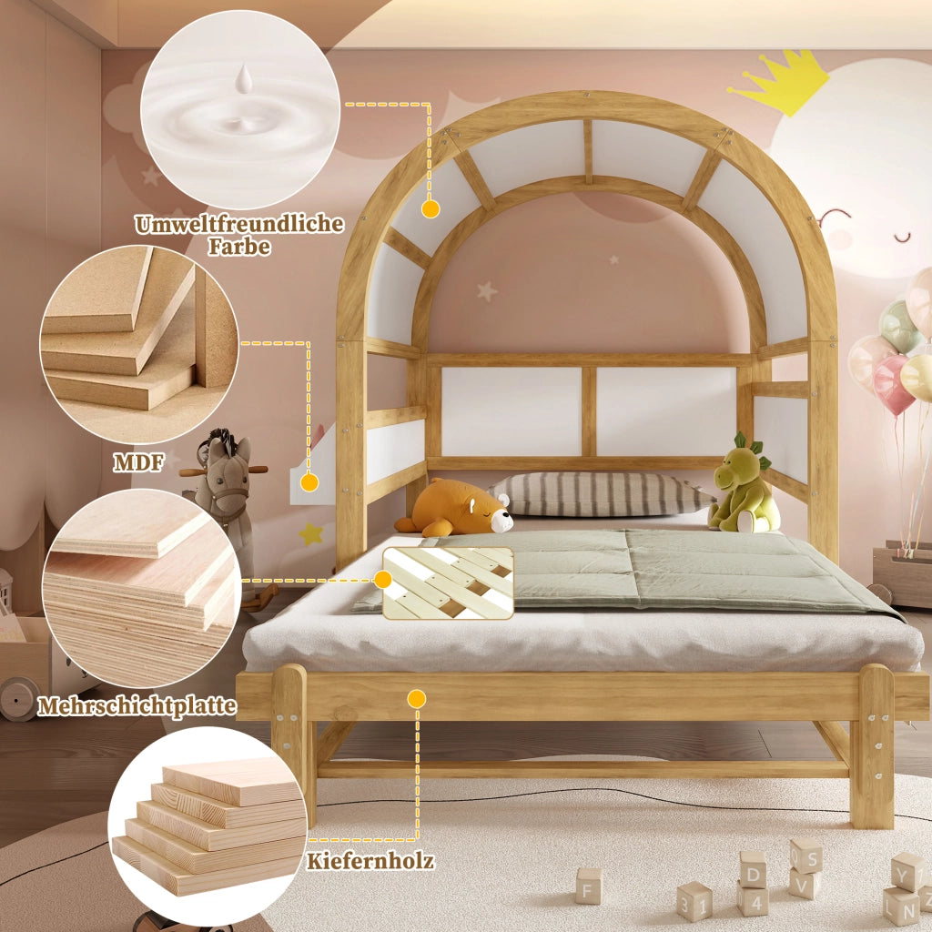 Letto a baldacchino estraibile legno massello e MDF bianco naturale 140x200 cm