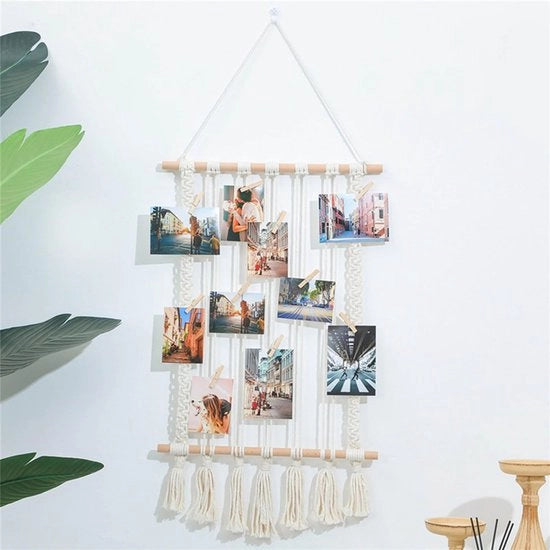 Cartelliere con Manico di Quercia - Display Fotografico a Macramè - Tela di Cotone Sostenibile - Decorazione per Parete - Adatto per Camera da Letto e Salotto