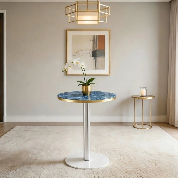 Tavolino rotondo 60x73;7 cm con piano effetto marmo blu in MDF e struttura in metallo