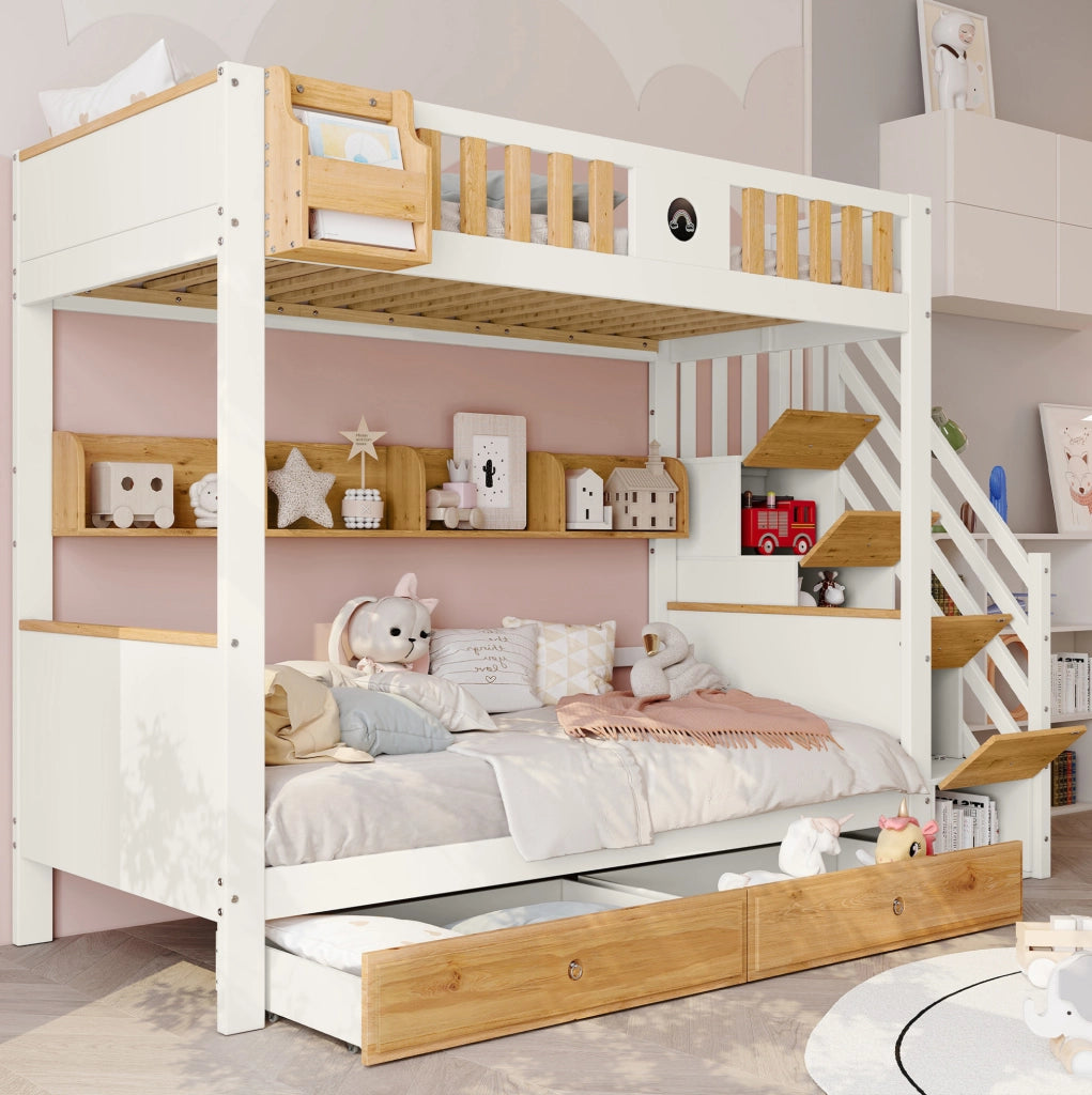 Letto a castello 90x200 cm con scala contenitore, 2 cassetti e ripiani