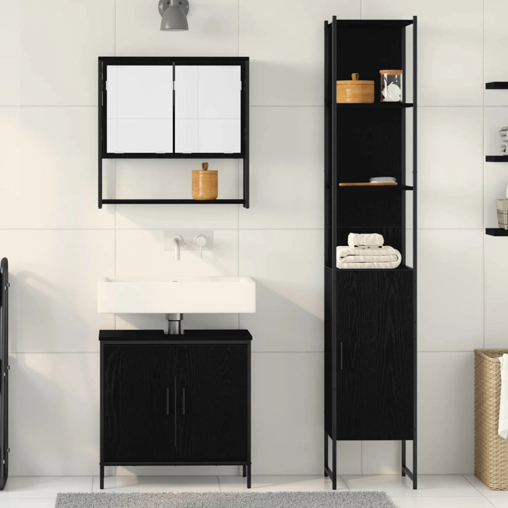 Set di mobili per il Bagno | Armadio da bagno 3 pz Nero Legno multistrato