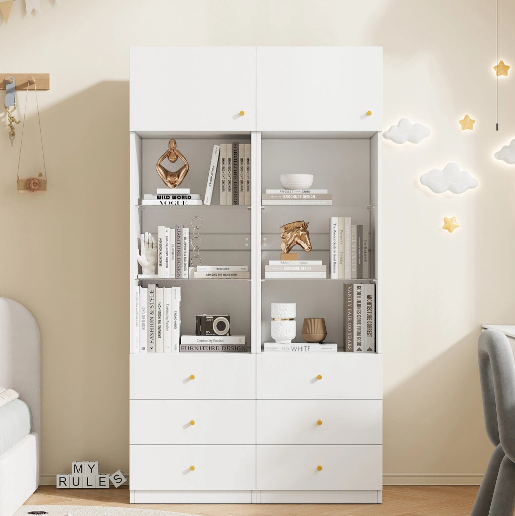 Set da 2 vetrine alte con ripiani in vetro regolabili e 3 cassetti; bianco; 100x40x180 cm
