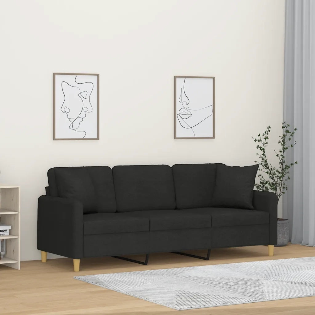 Divano a 3 Posti con Cuscini Nero 180 cm in Tessuto