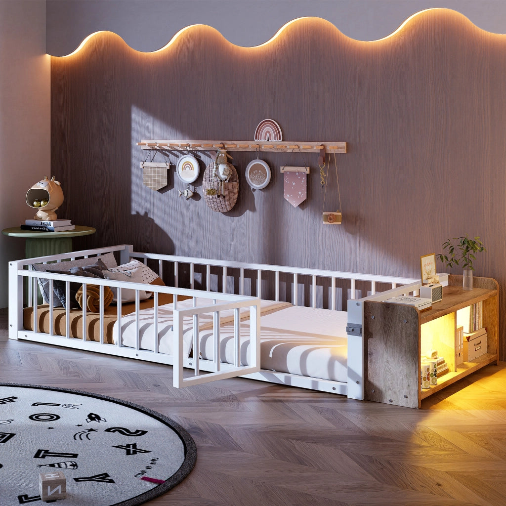 OKWISH Letto per Bambini 90 x 200 cm con Sponda, Vano Aperto e LED, senza Materasso, Metallo e MDF, Bianco