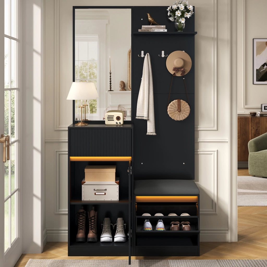 Mobile ingresso con specchio; LED e scarpiera - per ingresso - in MDF - nero