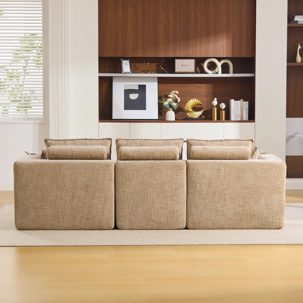 Divano modulare 3 posti con pouf; cuscini e tasche laterali; in ciniglia kaki; 256x161x75 cm