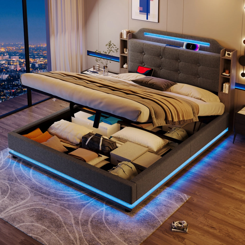 LETTO Imbottito 140x200 cm Grigio in Lino con LED e USB