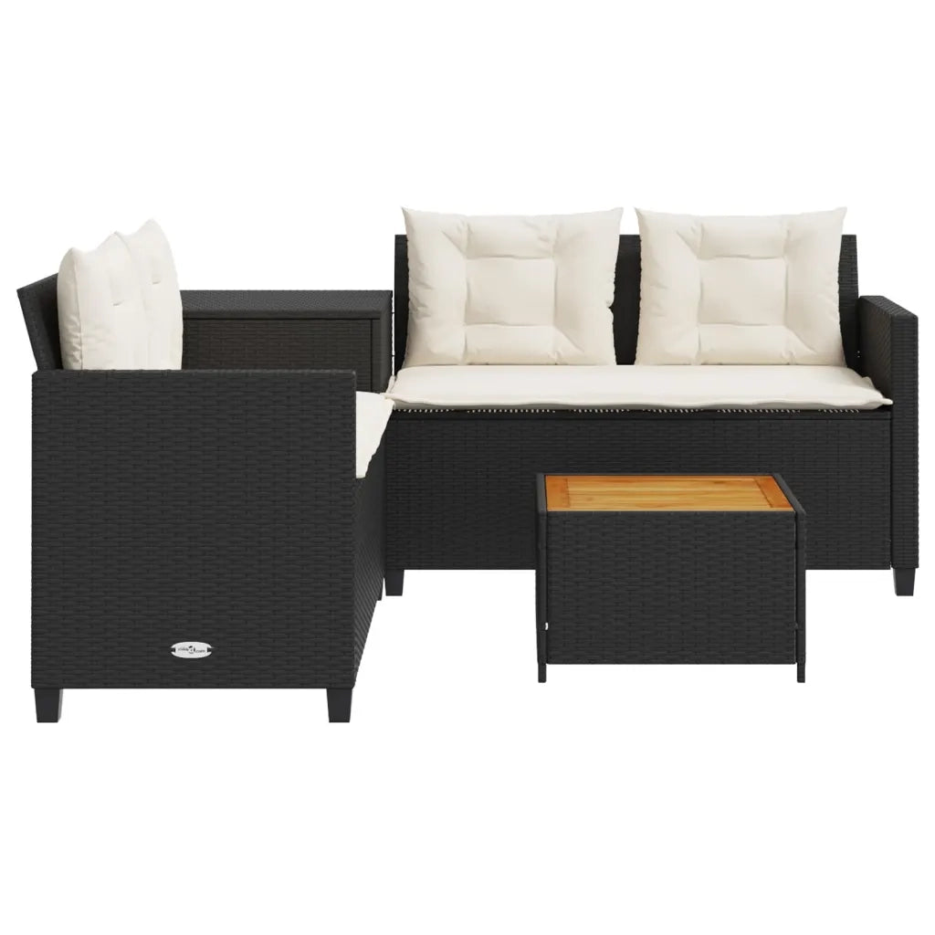 Divano da Giardino con Tavolo e Cuscini a L Nero in Polyrattan 369036