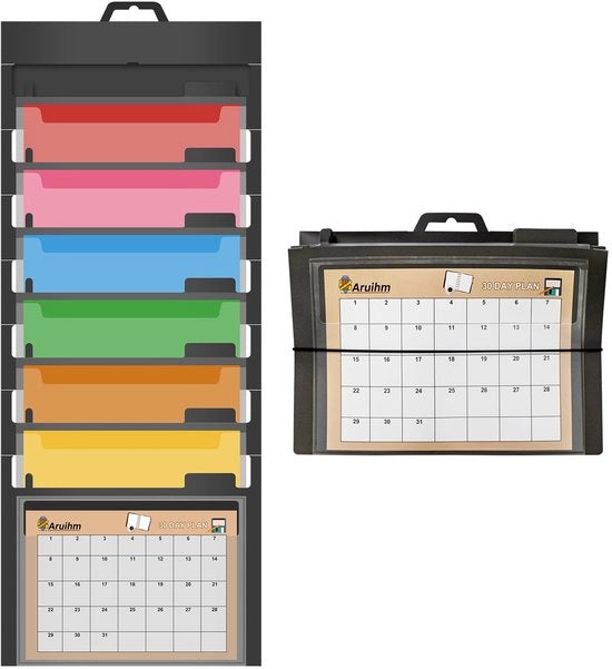 Expansione di parete per archiviazione, organizzatore di cartelle con 6 contenitori da appendere, dispositivo di archiviazione di cartelle A4 multi-strato, cassetta di archiviazione per cartelle portatile e pieghevole, nera