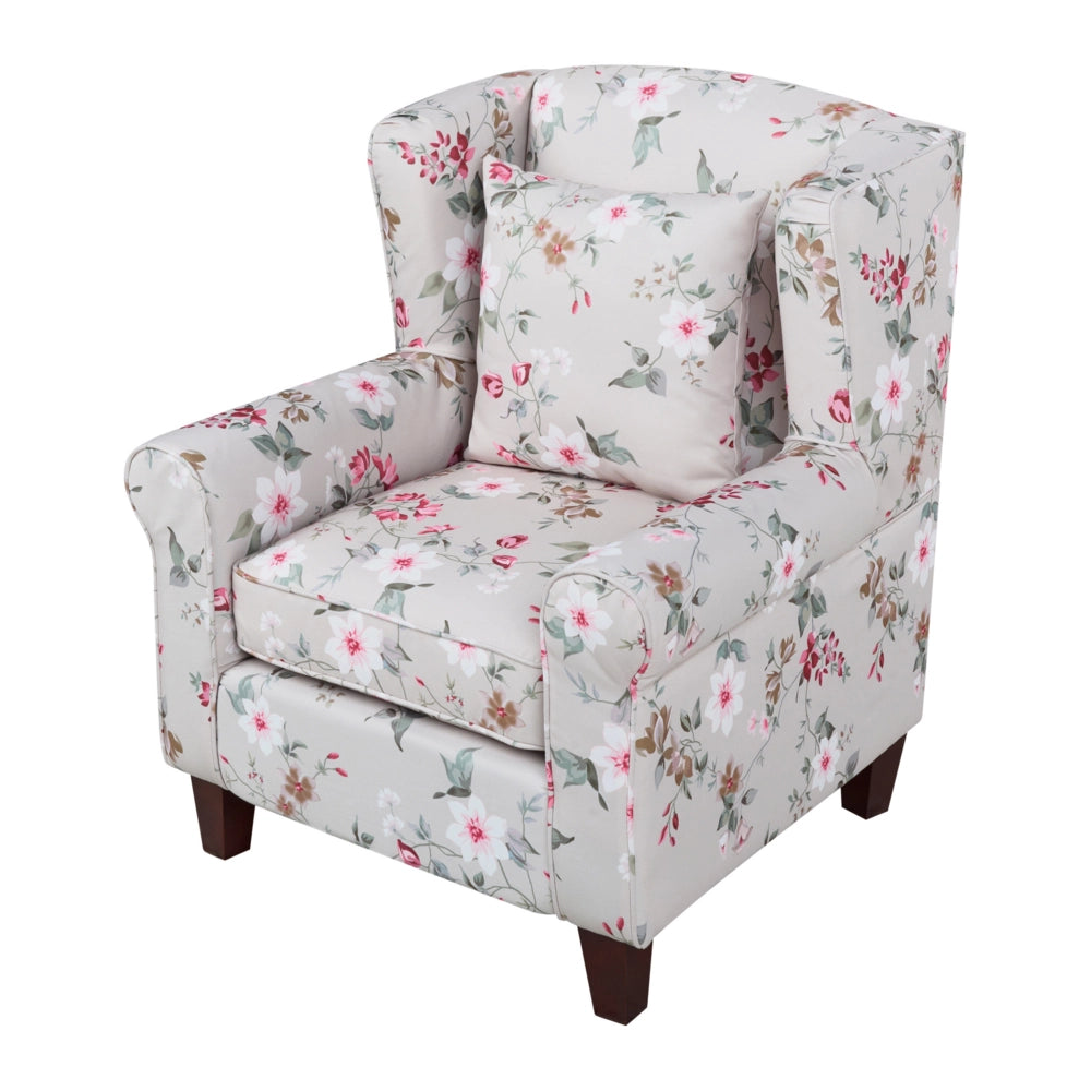 Poltrona con poggiapiedi Tessuto a motivi floreali grigio chiaro Gambe in legno Stile Wingback
