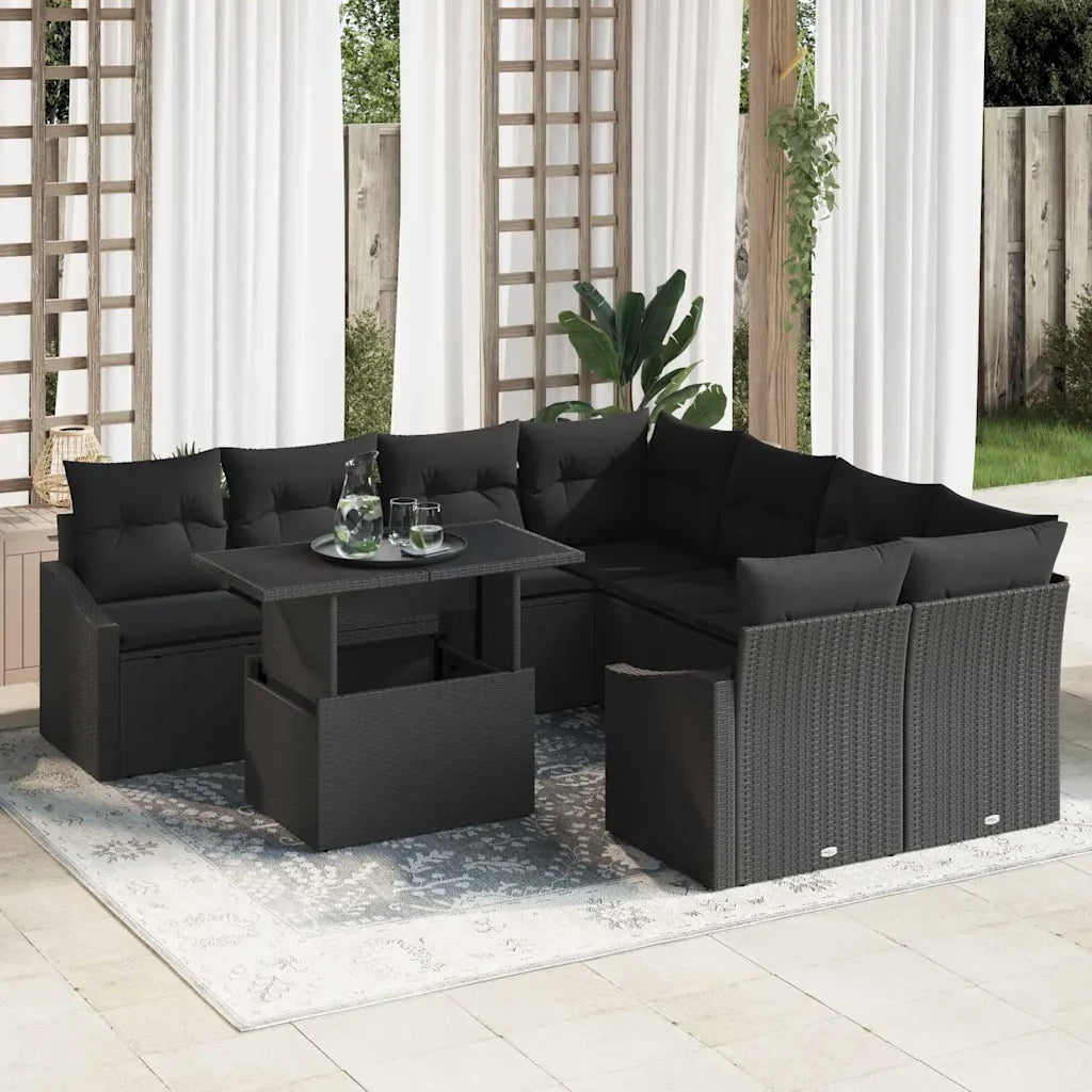 Set Divano da Giardino con cuscino 9 pcs Nero polyrattan 3348979