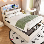 Letto imbottito 90x200 con contenitore, LED e porte USB, beige