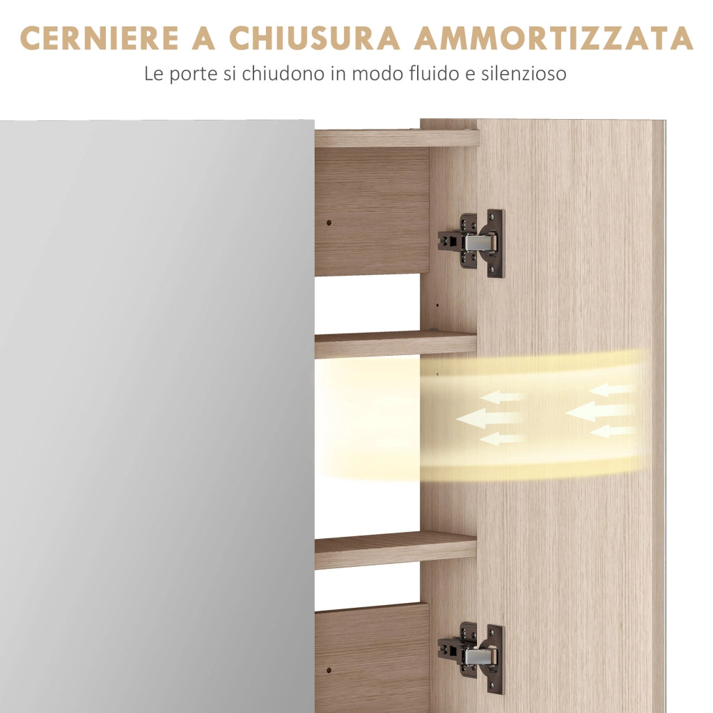 Specchio Bagno Contenitore con 3 Ante a Specchio Soft Close, Specchiera Bagno con Ripiani Regolabili in Legno e Vetro, 90x13.5x60 cm, Color Legno