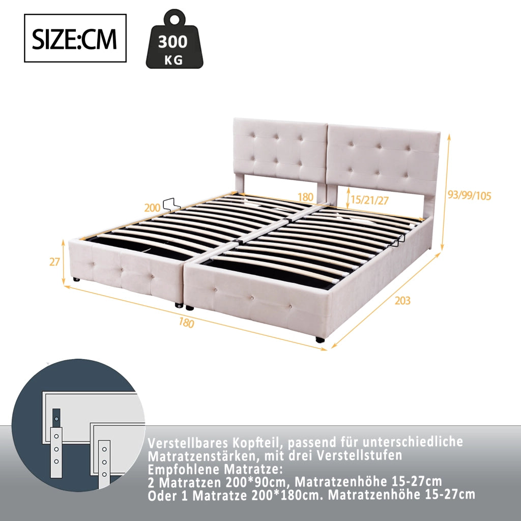 Letto imbottito matrimoniale 180×200 cm con contenitore idraulico; testiera regolabile; senza materasso; beige