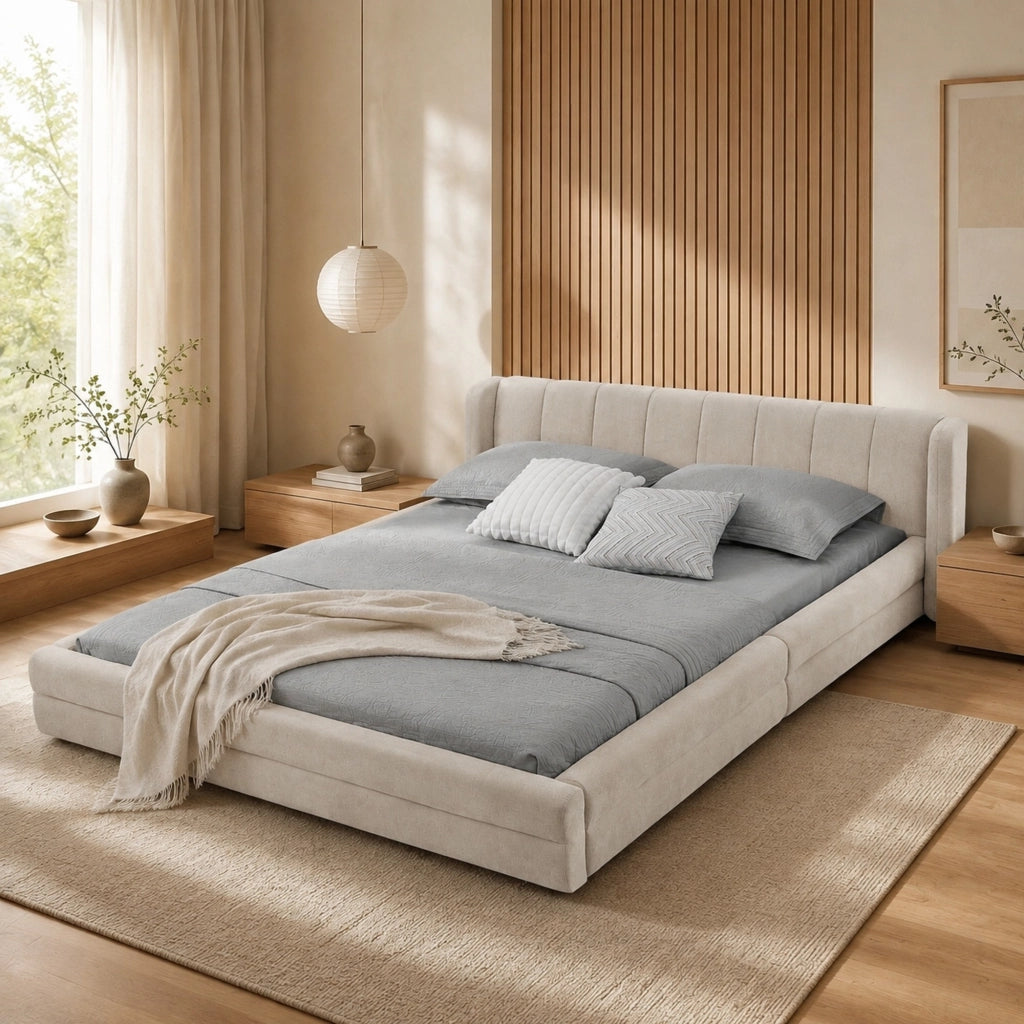 DESMIU Lit matrimoniale 140 × 200 cm con testiera imbottita, senza materasso, in ciniglia, beige