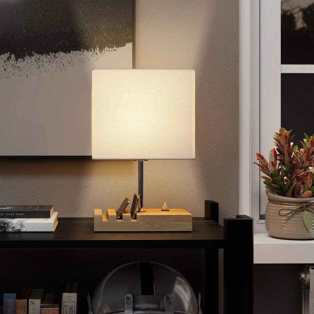 Comodino con Luci LED e USB ¨C Zephmum ¨C Bianco Legno Tessuto 40x40x50