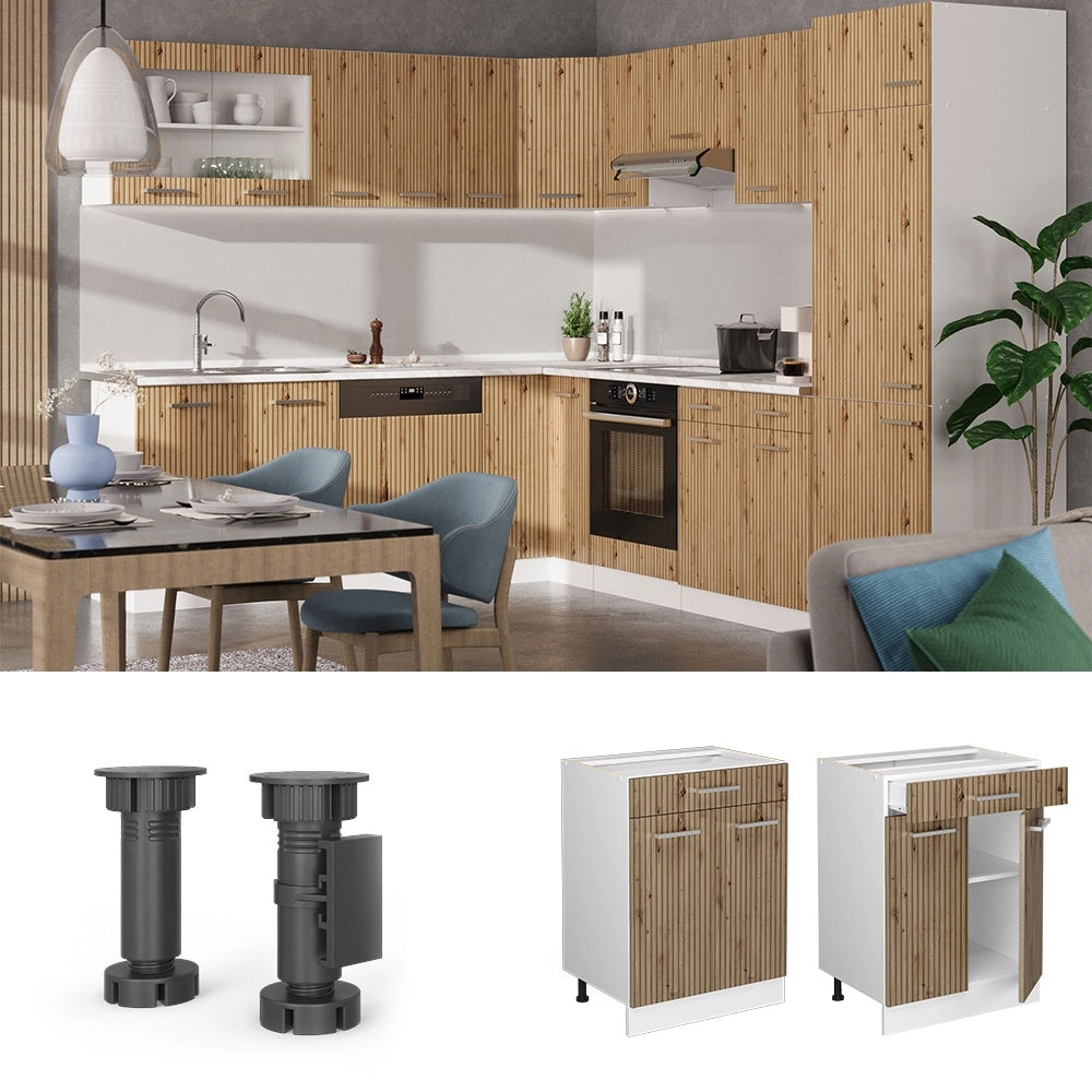 Mobiletto base per cucina R-Line Rovere artigianale/Bianco 60 cm con cassetto, senza piano di lavoro Vicco