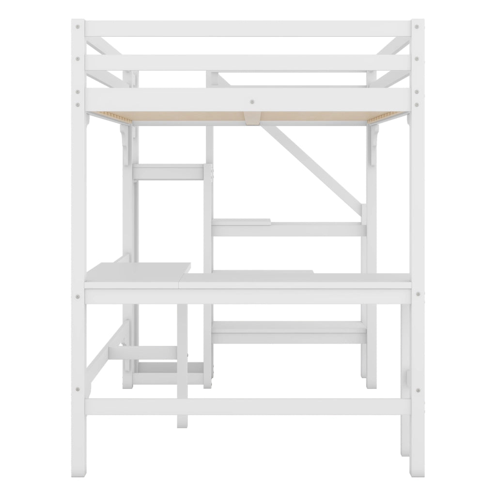 Letto a soppalco matrimoniale 140×200 cm con scrivania a L; armadio aperto e scala contenitore; bianco; senza materasso