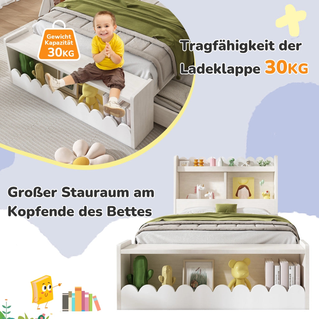Letto per bambini in legno con 2 cassetti; mensole; panca contenitore e doghe; bianco e rovere chiaro; 90x200 cm; senza materasso