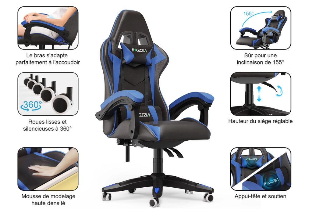 Sedia da gioco,  Sedia da gioco ergonomica, altezza regolabile, schienale reclinabile, braccioli e poggiatesta, nero e blu