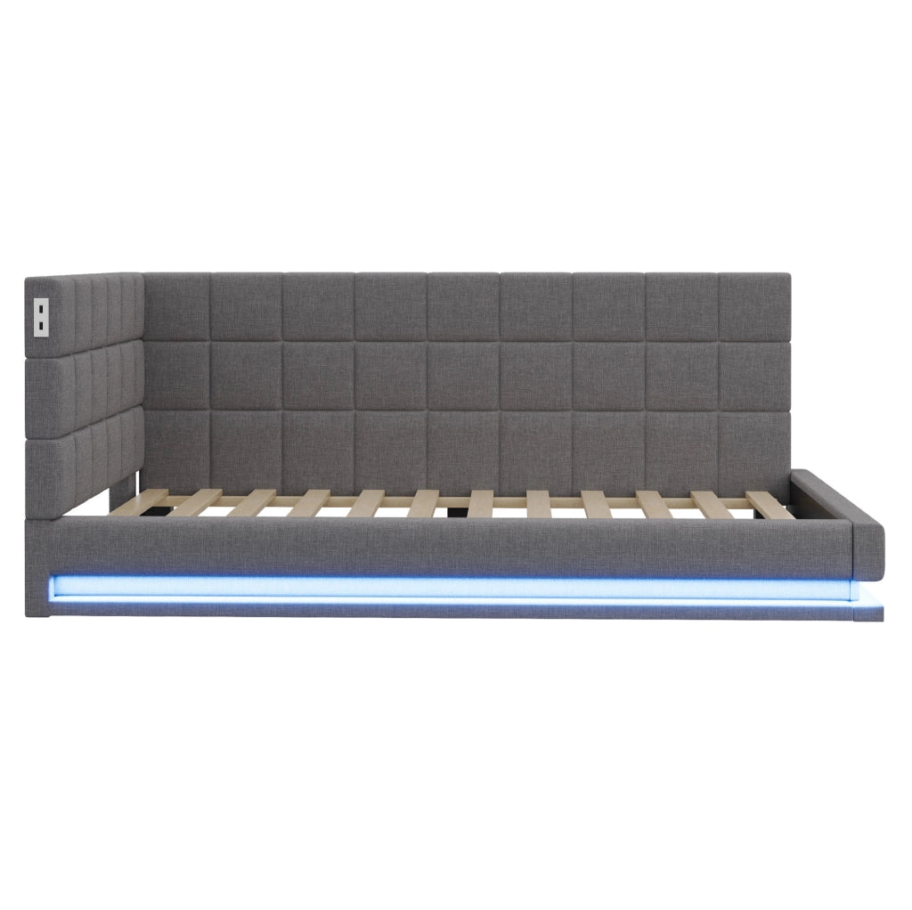 Divano letto imbottito 90x200 cm con LED; porta USB e rete a doghe; in lino grigio