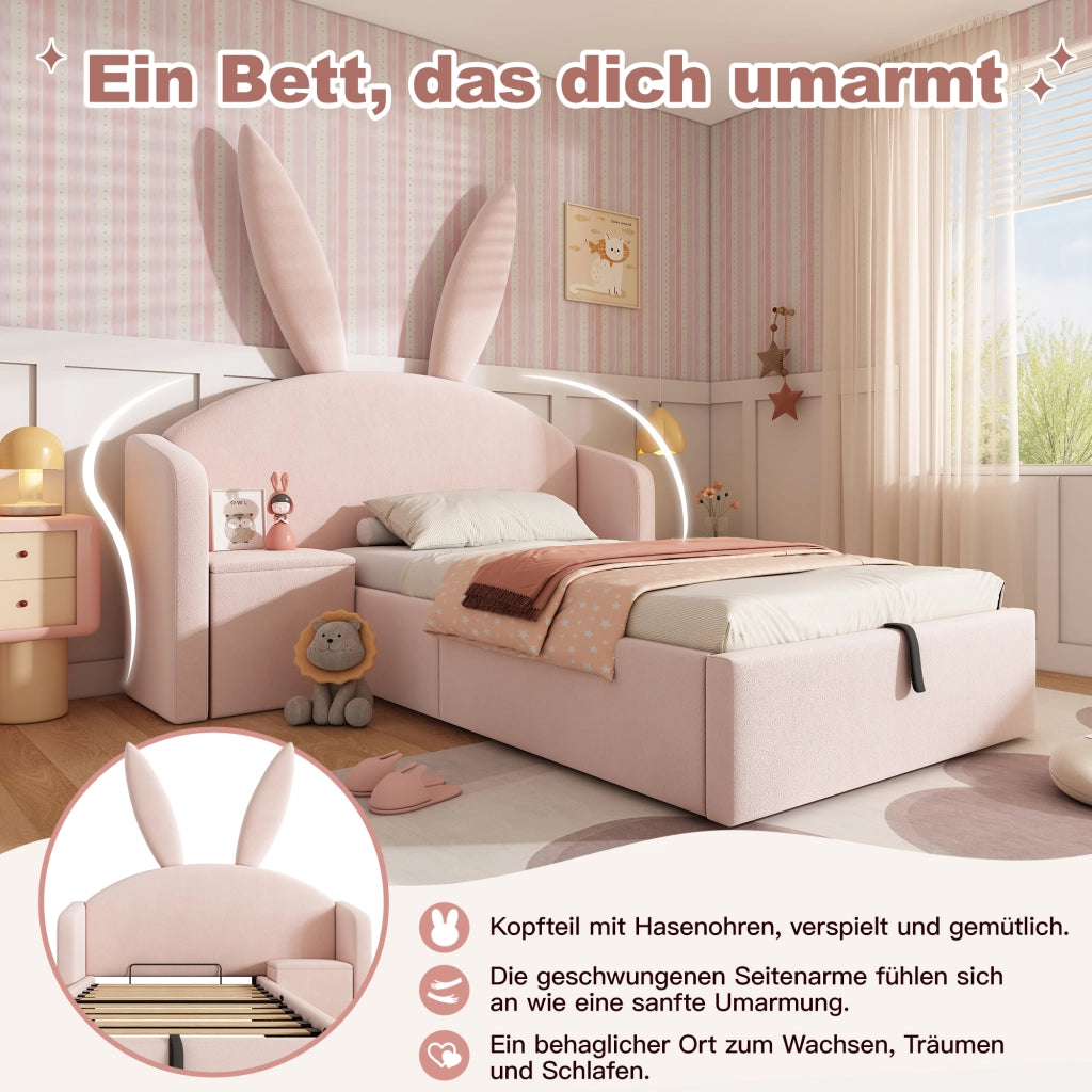 LETTO 90x190 cm in Velluto Rosa con Comodino e Contenitore