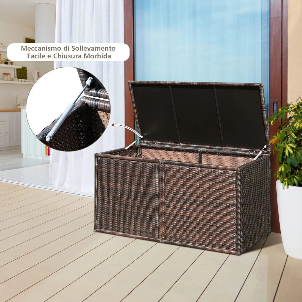 Baule Contenitore da 335L, con Coperchio e 2 Ripiani, Contenitore da Giardino con Telaio in Acciaio, Box per Conservazione di Attrezzi Giocattoli Accessori (Marrone)