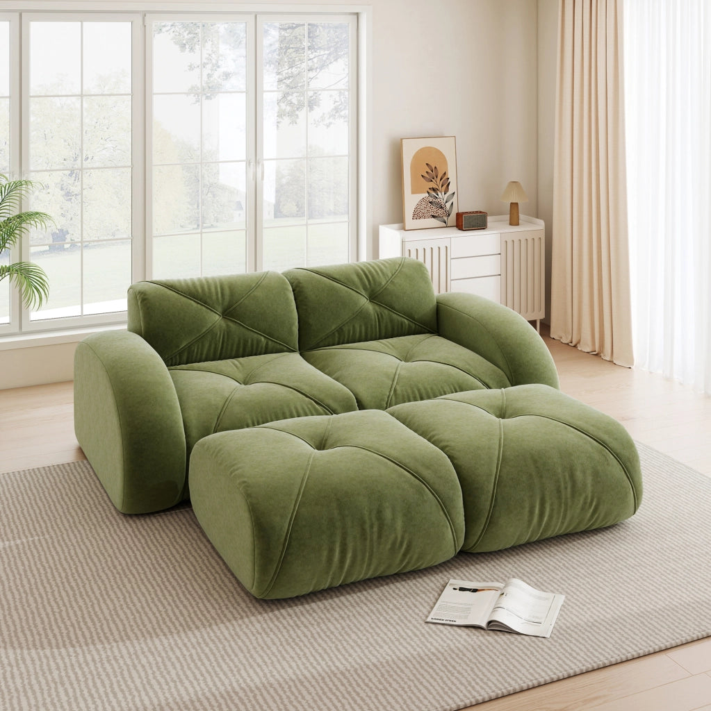 Divano modulare 2 posti senza struttura con 2 pouf in ciniglia verde