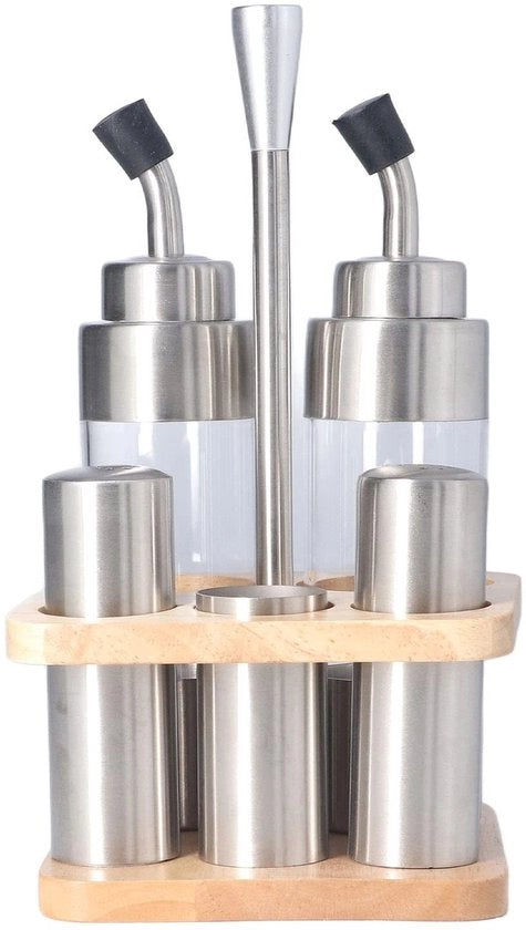 Set di dispensatori per olio e aceto - Accessori da cucina - Vetrino e acciaio inossidabile - Set di erbe - Ideale per l'uso in tavola - Compreso in legno
