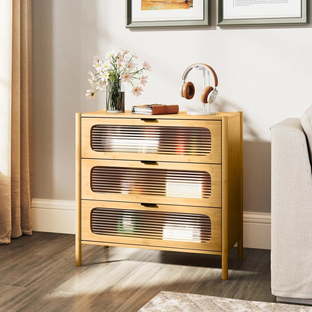 Cassettiera a 3 Cassetti in Bambù e Vetro Temperato, Cassettiera Salvaspazio per Camera da Letto, Credenza per Soggiorno, Ingresso e Corridoio, 80 x 40 x 78,5 cm, Naturale