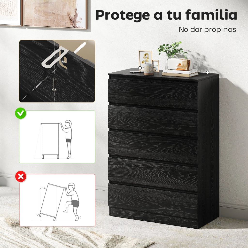 Cassettiera 5 Cassetti Moderna per Camera Soggiorno Ufficio ¨C Minimal ¨C Nero 77x40x111,5 cm