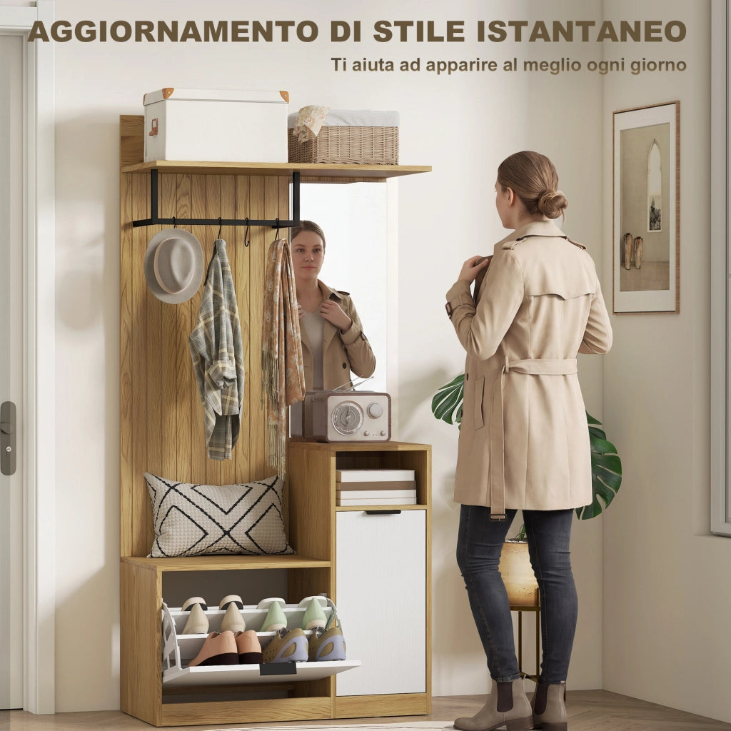 Appendiabiti con panca, scarpiera e armadietto ¨C Minimal ¨C rovere e bianco, 80x30x100 cm